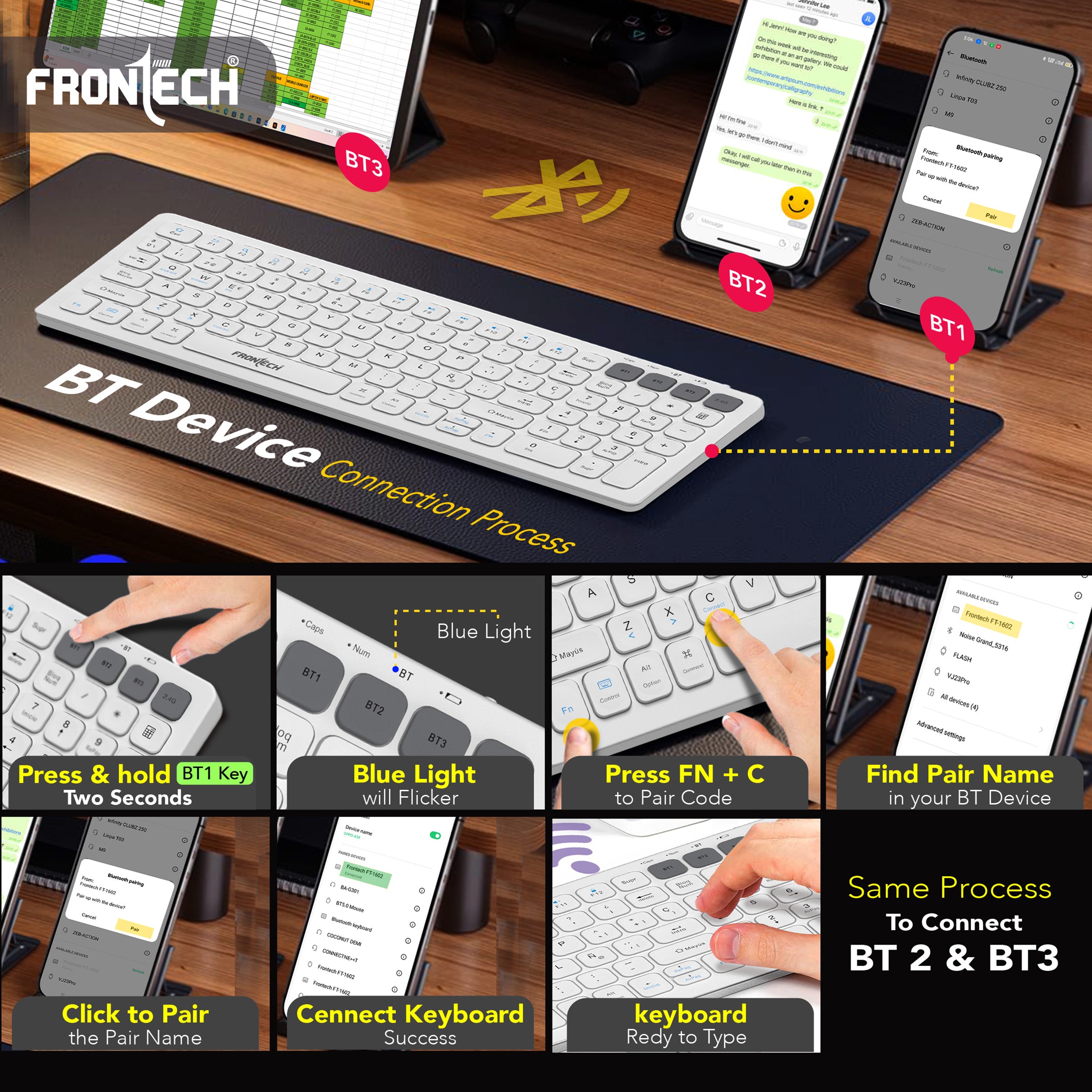 Frontech wireless keyboard & mouse combo | 2.4 Ghz |Transmission with built-in rechargeable battery |Multi-Device connection ( FT-1602A ) Frontech wireless keyboard & mouse combo | 2.4 Ghz |Transmission with built-in rechargeable battery |Multi-Device connection ( FT-1602A )